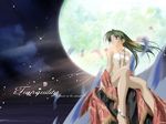  anklet bandeau barefoot bikini cloud cyamna_fon earrings flat_chest flower full_moon green_hair hashimoto_takashi jewelry legs long_hair moon motion_blur necklace night night_sky outdoors petals purple_eyes shawl side-tie_bikini sitting sky smile solo strapless swimsuit tan third-party_edit tubetop wallpaper watermark wind with_you 