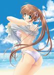  aqua_eyes ass beach bikini blush breasts brown_hair carnelian copyright_request day duplicate highres long_hair medium_breasts outdoors side-tie_bikini side_ponytail solo swimsuit underboob undressing 