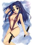  asakura_ryouko blue_eyes blue_hair breasts cleavage knife medium_breasts ponytail slingshot_swimsuit solo suzumiya_haruhi_no_yuuutsu swimsuit waku 