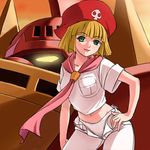  70s blonde_hair godam gowappaa_5_godam green_eyes hand_on_hip haruyama_kazunori hat head lowres mecha midriff misaki_youko oldschool panties pirate_hat science_fiction short_hair smile solo underwear unzipped white_panties 