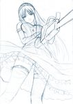  arsenal bangs breasts chainsaw closed_mouth elbow_gloves frills gloves hime_(kaibutsu_oujo) kaibutsu_oujo long_hair looking_at_viewer monochrome sketch smile solo thighhighs traditional_media upskirt weapon 
