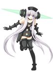  android black_legwear cleavage_cutout daiakuji dress elbow_gloves flat_chest gloves leg_lift long_hair navel no_panties purple_eyes rasahan seyada_tara silver_hair solo thighhighs very_long_hair 