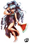  alfimi blue_hair china_dress chinese_clothes dress fan feather_fan folding_fan full_body high_heels hisahiko long_hair red_eyes shoes side_slit simple_background solo super_robot_wars very_long_hair 