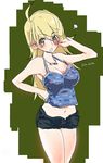  ahoge armpits bare_shoulders blonde_hair border breasts cleavage green_background green_eyes hand_on_hip hoshii_miki idolmaster idolmaster_(classic) idolmaster_1 jewelry koowa large_breasts long_hair looking_at_viewer midriff navel necklace pendant short_shorts shorts simple_background sketch sleeveless solo stomach tank_top very_long_hair 