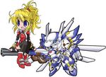  :d artist_request black_legwear blonde_hair blue_eyes chibi excellen_browning full_body jacket mache machinery mecha open_mouth pantyhose red_jacket short_hair simple_background sitting smile super_robot_wars weissritter white_background 
