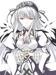  closed_mouth cowboy_shot dress expressionless frilled_sleeves frills hairband lolita_hairband long_sleeves looking_at_viewer pink_eyes ribi rozen_maiden silver_hair simple_background solo suigintou white_background white_dress 