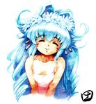  alfimi blue_hair closed_eyes colored_pencil_(medium) dress flower hair_ornament hisahiko lipstick makeup smile solo super_robot_wars traditional_media 