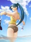  ass bikini blue_hair bracelet cloud copyright_request day grey_eyes halter_top halterneck high_ponytail holding holding_shoes jewelry long_hair outdoors piyodera_mucha ponytail shoes smile solo swimsuit tankini wading water 