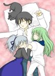  1boy 2girls amber bed black_cat blush cat cuddling darker_than_black group_hug harem hei hug male mao mao_(darker_than_black) multiple_girls pillow sleeping yin 