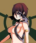  armlet breasts brown_background brown_hair cape cleavage fantasy johnny_funamushi machinery medium_breasts original purple_eyes revealing_clothes short_hair simple_background solo tattoo upper_body 