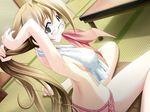  blonde_hair blush game_cg glasses hairdressing koimomo long_hair mouth_hold nishiki_ayaka panties solo underwear yamino_kenji 