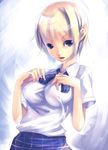  blonde_hair blue_eyes blue_skirt breasts collared_shirt copyright_request cowboy_shot emblem large_breasts looking_at_viewer mikage_sekizai plaid plaid_skirt school_uniform shirt short_hair simple_background skirt solo white_background white_shirt 