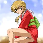  ass blonde_hair from_behind green_eyes haruyama_kazunori japanese_clothes kimono long_sleeves looking_at_viewer lowres oni panties pantyshot pantyshot_(sitting) ponytail samurai_deeper_kyo shiina_yuya short_hair sitting solo underwear wide_sleeves yokozuwari 