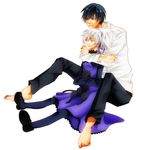  1boy 1girl animal barefoot black_cat black_hair black_shoes cat darker_than_black dress grey_hair hair_ribbon holding hug long_sleeves mao mao_(darker_than_black) pants ponytail purple_dress purple_ribbon ribbon shirt shoes simple_background sitting white_background white_shirt yin 