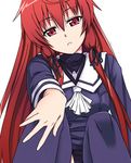 :o ascot black_legwear expressionless hand_on_own_knee himuro_akari kurosho long_sleeves looking_at_viewer night_wizard parted_lips red_eyes red_hair sailor_collar school_uniform serafuku simple_background sitting solo thighhighs white_background 