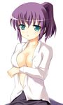  blue_eyes blush breasts henrietta_de_tristain large_breasts medium_breasts open_clothes open_shirt ponytail purple_hair safi shirt short_hair skirt zero_no_tsukaima 