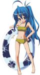  ahoge alternate_eye_color alternate_hairstyle barefoot bikini blue_eyes blue_hair blush chinchickrin hand_on_hip innertube izumi_konata long_hair lucky_star mole mole_under_eye navel open_mouth plaid plaid_bikini ponytail solo swimsuit tankini 