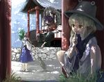  broom cis_(carcharias) dappled_sunlight finger_to_mouth floating hat kochiya_sanae moriya_shrine moriya_suwako multiple_girls rope shide shimenawa shrine smile squatting sunlight touhou tree_shade yasaka_kanako 