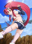  anti-materiel_rifle ass belt bikini_top breasts cloud day gun inue_shinsuke lens_flare long_hair looking_back medium_breasts ponytail red_hair rifle scarf scope short_shorts shorts sideboob skindentation sky sling smile sniper_rifle solo strap_gap studded_belt sun tengen_toppa_gurren_lagann thighhighs underboob very_long_hair weapon yoko_littner 