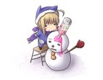  :3 ahoge artoria_pendragon_(all) blonde_hair blue_scarf chibi fate/hollow_ataraxia fate/stay_night fate_(series) hat lowres saber satomi scarf shaved_ice snowman solo spoon 