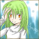  1girl amber character_name darker_than_black female green_hair lowres orange_eyes solo text 