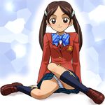  arm_support blazer brown_jacket futari_wa_precure haruyama_kazunori jacket lowres mori_kyouko panties pantyshot pantyshot_(sitting) plaid plaid_panties precure school_uniform sitting skirt solo twintails underwear verone_gakuin_school_uniform 