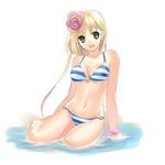  bikini blonde_hair bracelet flower hamamo jewelry long_hair lowres o-ring o-ring_bikini original solo striped striped_bikini swimsuit 