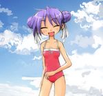  :d ^_^ alternate_hairstyle closed_eyes cloud collarbone cowboy_shot day double_bun gofu hair_ribbon hiiragi_kagami lucky_star one-piece_swimsuit open_mouth purple_hair ribbon sky smile solo swimsuit traditional_media 