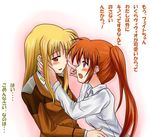  blonde_hair blush fate_testarossa lyrical_nanoha mahou_shoujo_lyrical_nanoha_strikers military military_uniform multiple_girls red_hair side_ponytail takamachi_nanoha translated tsab_ground_military_uniform uniform yuki_mashiro 