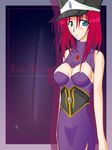  1girl blue_eyes breasts character_name cleavage cleavage_cutout dress forte_stollen galaxy_angel large_breasts looking_at_viewer monocle no_bra red_hair short_hair solo stollen_forte 
