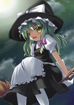  blonde_hair broom broom_riding full_moon green_eyes green_hair hat kirisame_marisa kuro_(be_ok) long_hair moon pantyhose sidesaddle sky solo touhou witch_hat 