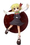  blonde_hair fang hair_ribbon outstretched_arms red_eyes ribbon rumia short_hair solo spread_arms touhou wapokichi 