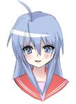  :d ahoge bad_id blue_eyes blue_hair face izumi_konata long_hair looking_at_viewer lowres lucky_star masayu open_mouth portrait sidelocks simple_background smile solo upper_body white_background 