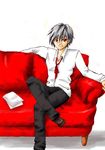  1boy couch male_focus nagisa_kaworu neon_genesis_evangelion red_eyes red_upholstery sitting smile solo 