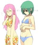  bikini closed_eyes flat_chest floral_print glasses green_hair hips iwasaki_minami lucky_star multiple_girls navel pink_hair print_sarong sarong sketch smile striped striped_bikini striped_swimsuit summer swimsuit takara_miyuki yu_65026 