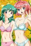  blue_eyes bow bra breasts green_hair lingerie miyafuji_miina onegai_twins onodera_karen panties pink_hair underwear 