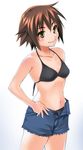  azu bikini bikini_top bikini_under_clothes brown_hair denim denim_shorts kusakabe_misao lucky_star short_hair shorts solo swimsuit swimsuit_under_clothes tieback 