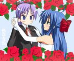  ahoge alternate_hairstyle bare_shoulders bride dress elbow_gloves formal gloves hair_ribbon hiiragi_kagami izumi_konata kiriya_haruhito lucky_star mole mole_under_eye multiple_girls ponytail ribbon suit sweatdrop wedding_dress 