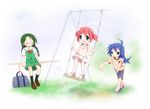  :3 :d ^_^ ahoge bad_anatomy bag blue_hair bow braid closed_eyes cousins dress glasses green_eyes green_hair hair_bow izumi_konata kobayakawa_yutaka kuroba_u lucky_star multiple_girls narumi_yui open_mouth pink_hair sandals school_bag school_uniform serafuku shoes short_sleeves shorts siblings sisters sitting_on_fence smile socks standing standing_on_swing swing swing_set swinging twin_braids twintails younger 