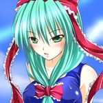  artist_request blue_sky blush breasts front_ponytail green_eyes hair_ribbon kagiyama_hina large_breasts open_mouth ribbon sky solo touhou upper_body 