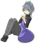  1girl black_shoes darker_than_black dress eating female food grey_hair long_sleeves maroon_eyes pantyhose ponytail purple_dress shoes simple_background sitting solo spoon white_background yin 