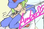  amber baseball_cap character_name darker_than_black female green_hair hat heart hood hoodie lowres orange_eyes solo umbrella 