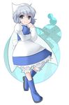  blue_eyes boots closed_mouth dress full_body letty_whiterock long_sleeves looking_at_viewer rubber_boots short_hair silver_hair simple_background smile solo touhou walking wapokichi white_background white_dress 