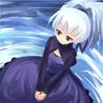  artist_request breasts cleavage cleavage_cutout cowboy_shot darker_than_black dress from_above long_sleeves own_hands_together ponytail purple_dress purple_eyes silver_hair small_breasts solo wading water yin 