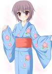  bangs blue_kimono japanese_clothes kimono minamori_noeru nagato_yuki short_hair solo suzumiya_haruhi_no_yuuutsu yukata 