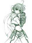  green hagane_soushi lyrical_nanoha mahou_shoujo_lyrical_nanoha_strikers midriff monochrome revolver_knuckle ribbon short_hair shorts sketch solo subaru_nakajima 