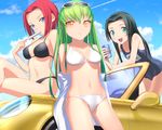  bangs bikini black_hair blue_eyes c.c. car code_geass day food green_eyes green_hair ground_vehicle kallen_stadtfeld left-hand_drive long_hair motor_vehicle multiple_girls one-piece_swimsuit popsicle red_hair school_swimsuit short_hair side-tie_bikini sumeragi_kaguya swimsuit uni yellow_eyes 