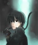  1boy bell black_cat black_eyes black_hair black_jacket cat collar darker_than_black hei jacket looking_at_viewer male male_focus mao mao_(darker_than_black) shoulder_perch solo 