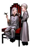  2boys blue_eyes braiding chair child comb dio_eraclea highres last_exile lucciola luciola male_focus model_airplane multiple_boys red_upholstery robe white_hair 