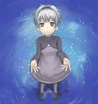  bad_proportions brown_eyes darker_than_black dress foreshortening full_body grey_hair hairband large_hands long_sleeves looking_at_viewer looking_up outstretched_hand pantyhose parted_lips purple_dress ripples shoes short_hair solo standing standing_on_liquid very_short_hair yamamoto_shima yin 